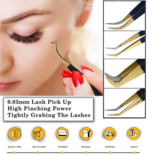 M LASH Tweezers for Eyelash Extensions (Set of 4) - Professional Lash Extension Tweezers - Fiber Tip, Japanese Steel, Diamond Grip Eyelash Extension Tweezer (Matte Black)
