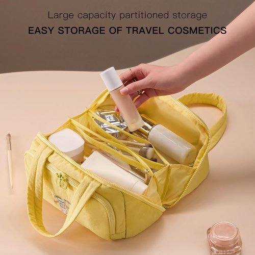 Dr.Cheese Makeup bag, Large Capacity Cosmetic Bag for Women, Portable Wide-open Toiletry Bag, Travel Makeup Bag with TPU Compartments for Accessories, Essentials, Toiletries, Makeup Brush Bag, Yellow