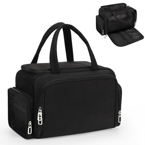 WGEAR Travel Toiletry Bag for Women, Lightweight Wide-open Toiletries Travel Bag with Handle, Large Cosmetic Organizer with Makeup Brushes Compartment for Essentials for Trip, Camping - Black
