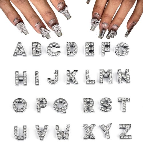 Letter Nail Charms Silver Alloy 26 Pcs, 3D Glitter Letter Charms for Nails Crystals English Alphabet Diamonds Metal Gems Nail Rhinestones Shiny Nails Art Jewels Supplies for DIY Manicure Accessories