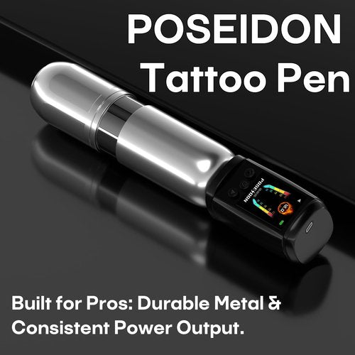 POSEIDON Cordless Tattoo Machine Kit with 20 Tattoo Cartridge Needles, Ink Set & 2 Rechargeable Batteries | Professional Portable Tattoo Pen for Beginners | Complete Starter Supplies