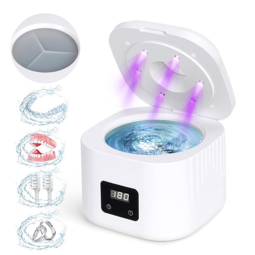 Retainer Ultrasonic Denture Cleaner Machine, 49kHz Dental Night Guard Cleaning Tablets Ultra Sonic Dental Tools for Aligner, Braces, Toothbrush Head & Jewelry with Digital Timer & 3 Mode White