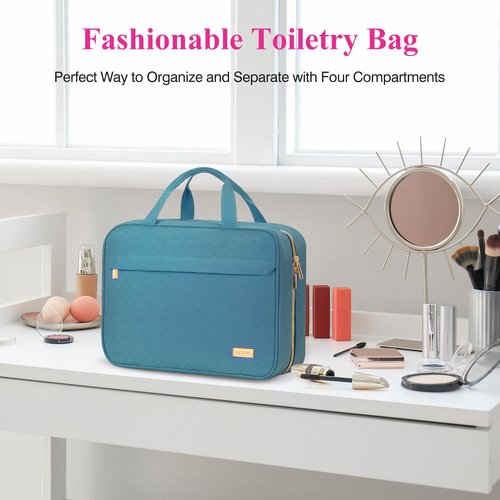 LUCKRISE Hanging Travel Toiletry Bag, Large Capacity Cosmetic Toiletry Organizer for Full-sized Bottles with 4 Compartments and Sturdy Hook for Travel/Daily Use/Business, Teal
