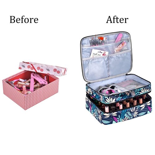 LYFFXYH Double-Layer Nail Polish Organizer, Nail Polish Storage with Handle, Nail Bag Organizer Case for Professional Manicure Kit & Travel (Leaf, 42 Bottles-Small)