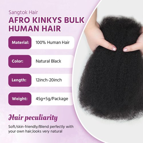 Sangtok Afro Kinky-Curly Human Hair Bulk for Twists, 16 Inch 50g Bulk Hair for Dreadlock Extensions Repair Locs Braiding, 100% 4C Human Bundles Hair(Black)