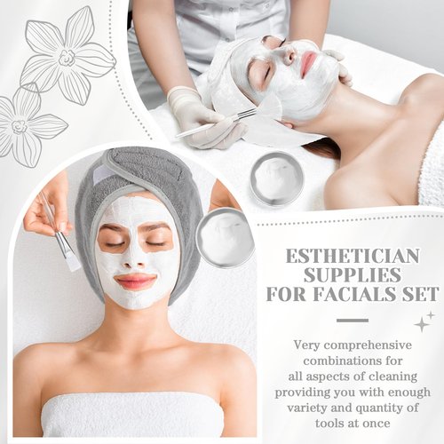 LemonRoad 25 Pcs Esthetician Facial Supplies Set, 3 Stainless Steel Mixing Bowls, 2 Serving Trays, 6 Brushes, 2 Hairbands, 12 Compressed Sponges for Women Facial Mask Spa Home Use (Silver)