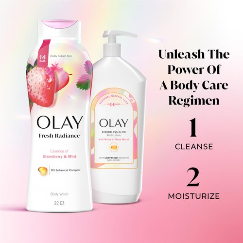 Olay Body Wash for Women, Fresh Radiance, Refreshing & Renewing, Made with Plant Based Cleansers, B3 Botanical Complex, For All Skin Types, Strawberry & Mint Scent, 3.0 fl oz (Pack of 24)