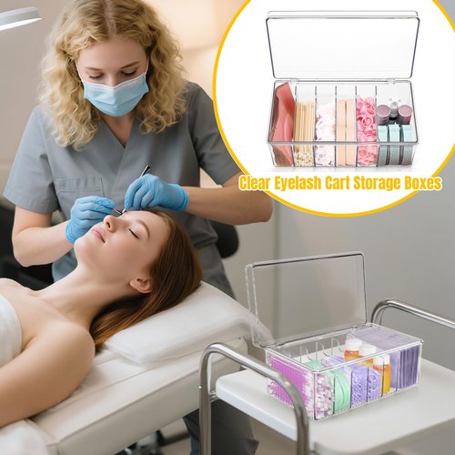 Acshio 2 Pack Lash Extension Organizer, Clear Eyelash Cart Storage Boxes with 6 Compartments, Separated Large Capacity Eyelash Extension Supplies Storage Container for Lash Techs
