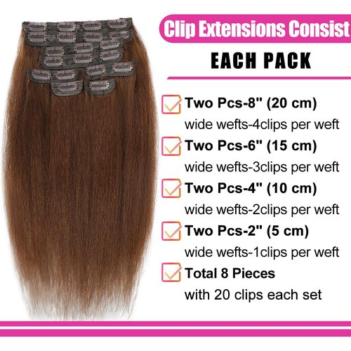 Brown Kinky Straight Clip ins 14 Inch Kinky Straight Clip in Hair Extensions Real Human Hair Brazilian Remy Human Hair Extensions for Women 8Pcs 100g Per Set with 20 Clips Double Weft Natural Black