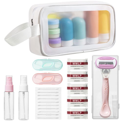 lekymo 82PCS Travel Size Toiletries Include 16 TSA Approved Travel Bottles Set, Razor, 30 Cotton Swabs, 20 Dental Floss Picks & 14 Compressed Towels Travel Vacation Essentials for Airplane Men Women