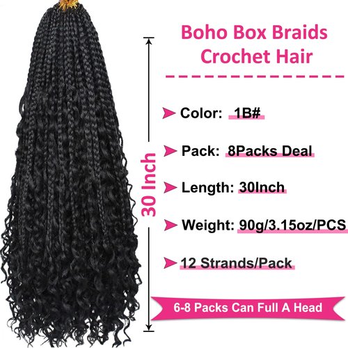 Unionbeauty 30 Inch Boho Box Braids Crochet Hair 8 Packs Boho Goddess Box Braids Crochet Hair for Black Woman Crochet Box Braids with Curly Ends Bohemian Hippie Crochet Braids Hair Extension 1B#