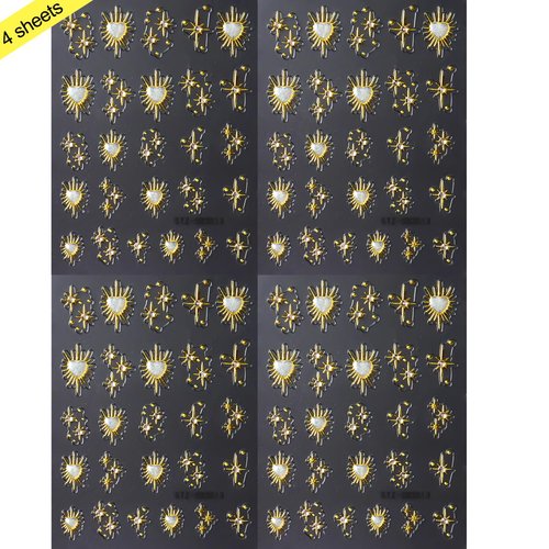 4Pcs Star Nail Decals Embossed Star Nail Art Stickers 5D Self-Adhesive Gold Bronzing Cross Starlight with Heart Rhinestones Nail Design Stickers Luxury Decals for Women Girls Manicure Decoration