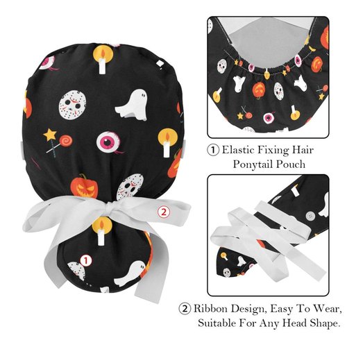 Adjustable Scrub Bouffant Caps, 2 Packs Candle Skull Ghost Halloween Working Hat Hair Cover with Ponytail Pouch, Soft Surgical Nurse Cap