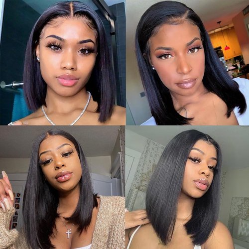 Skinlike HD Lace Closure Human Hair Straight Short Bob Human Hair 13X4 Real 180% Density Wigs For Black Women 0.10mm Ultra-thin Lace Glueless Pre-Plucked With Baby Hair Free Part Wig (18inch)