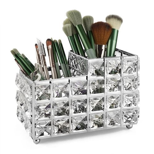 LUEXBOX Crystal Makeup Brush Holder, One-Piece Square Brush Organizer, Cosmetics Brush Storage Container for Table, Dresser, Bathroom, Bedroom Organization (Silver)