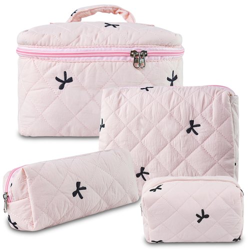 GISMTR 4Pcs Quilted Makeup Bag Set Cute Floral Cosmetic Bag Cotton Coquette Make up Bag Aesthetic Travel Toiletry Bag for Women Girls
