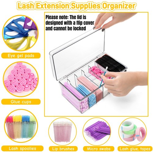 Acshio 2 Pack Lash Extension Organizer, Clear Eyelash Cart Storage Boxes with 6 Compartments, Separated Large Capacity Eyelash Extension Supplies Storage Container for Lash Techs