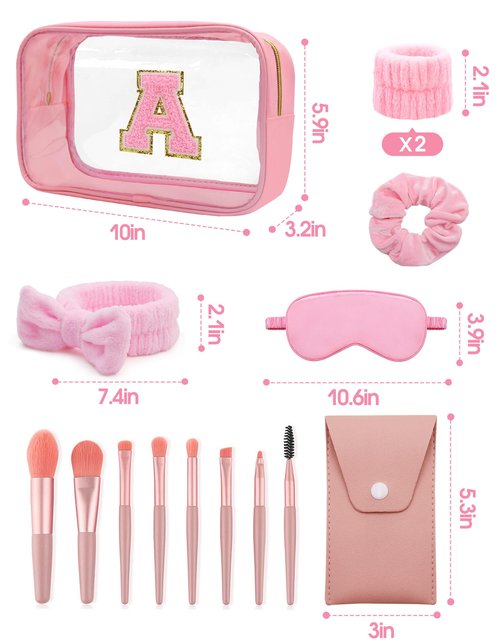 Gift Sets for Women, Initial Makeup Bag with Makeup Brush Set Bachelorette Party Favors, Pink Spa Kit with Skincare Headbands Wrist Bands Sleepover Party Supplies Gifts for Teen Girls Bridesmaid A