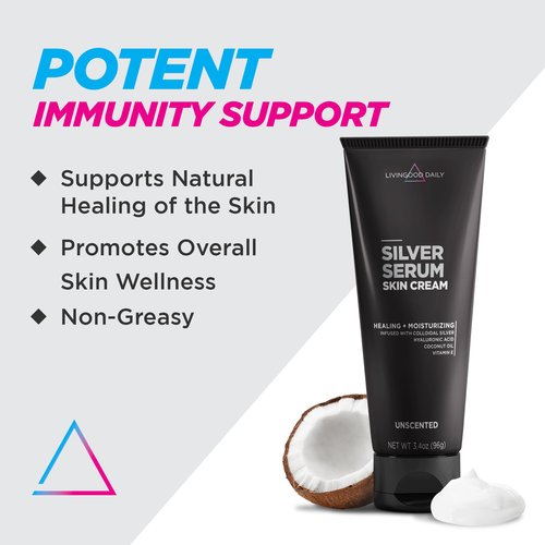 Livingood Daily Silver Serum Skin Cream, Moisturizing Body Cream with Colloidal Silver, Hyaluronic Acid, Coconut Oil & Vitamin E, Unscented Body Moisturizer for Dry Skin, Women & Men, 3.4 Oz
