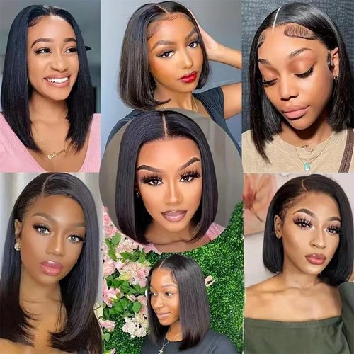 TONGMAY Lace Front Bob Wigs Human Hair 13x4 HD Lace Glueless Bob Wig Human Hair Short Straight Frontal Wigs for Women Pre Plucked with Baby Hair Side Part 180% Density Natural Black 14 Inch