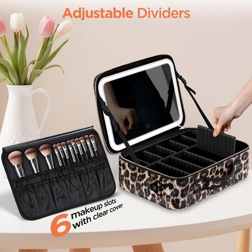 IPOW Travel Makeup Bag with LED Mirror, 3 Adjustable Light Settings, Customizable Dividers, Portable Travel Organizer, USB Charging, Leopard print, Large