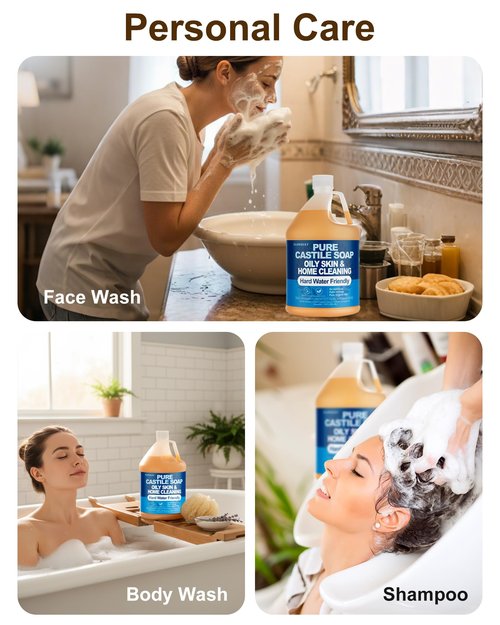 FLOWHYET 1 Gallon Pure Castile Soap Liquid, Organic Hand Soap Refill, Natural For Hand, Body Wash, Dishes, Home Cleaning Oily Skin, Fragrance Free Vegan Hard Water Friendly - Unscented 1 Gallon
