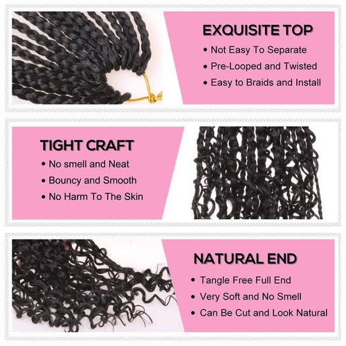 COOKOO 30 Inch Bohemian Box Braids Crochet Hair 8 Packs Hippie Goddess Box Braids Crochet Hair With Curly Ends Pre-looped Braiding Hair for Black Women 1B#
