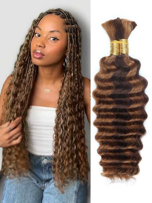 4/30 Bronze Gold Human Braiding Hair Deep Wave Bulk，Highlight No Weft Curly Braiding Hair Extensions for Boho Braids Wet and Wavy Braiding Human Hair Bundles(16inch,4/30,100g)