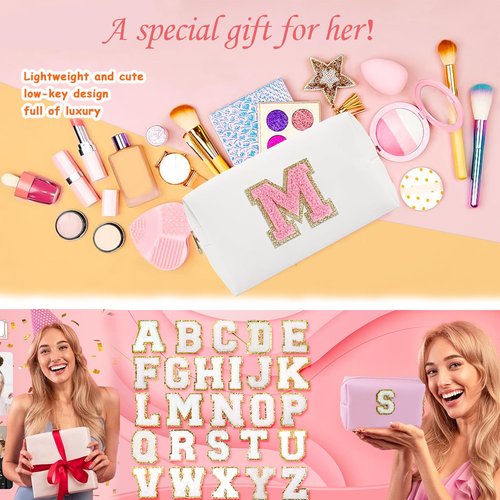 ONEDIGI Preppy Makeup Bag, Personalized Initial Letter Patch Makeup Bag, Large Capacity Cosmetic Bags for Women, Cute PU Leather Waterproof Travel Toiletry Bag for Teen Girls (Letter M,Pink)