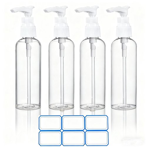 DTDNZKN 4 Pack 3.4 Oz (100ml) TSA Approved Travel Pump Bottles for Toiletries Clear Travel Size Bottles Leak Proof with Labels