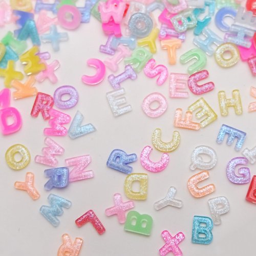 300Pcs Letter Nail Art Charms Random Candy Color Letter Resin Nail Rhinestones Kawaii Mini Flatback Alphabet Nail Gems with Aurora Glitter Design Nail Art Accessories for DIY Craft Nail Supplies