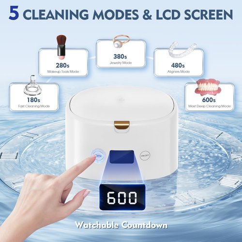 BRNMLD Ultrasonic Retainer Cleaner, 45kHz Sonic Retainer Cleaner Machine Dental Cleaning Pod for Dentures, Mouth Guards, Braces, Toothbrush Heads, Jewelry, 5 Modes for All Dental Appliances (White)