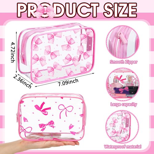 Kacctyen 8 Pcs Coquette Pink Bow Makeup Bags Clear PVC Skincare Cosmetic Bags Waterproof Travel Toiletry Zipper Pouch Coquette Party Favors Gifts for Women Girls Travel Storage Accessories(Bow)
