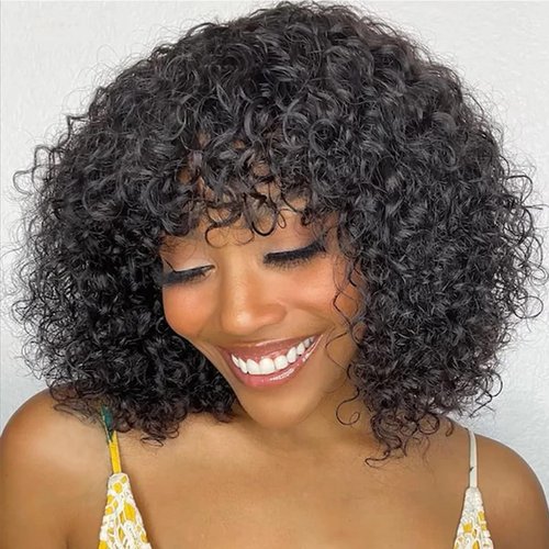 Rebecca Fashion Curly Bob Wig with Bangs Human Hair 10 Inch Short Curly Water Wave Bob Wig Human Hair Wigs for Black Women Glueless Wig 100% Brazilian Remy Hair Natural Color