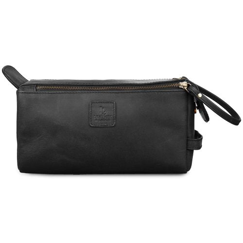 Genuine Leather Travel Toiletry Bag for Men & Women – Unisex Water-Resistant Travel Dopp Kit, Shaving Organizer & Compact Bathroom Essentials - Midnight Black