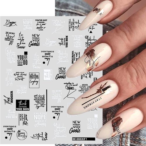 XEAOHESY 6 Sheets Black White Words Nail Stickers Self Adhesive English Words Abstract Human Face Love Heart Nail Art Stickers Decals for Women Nail Art