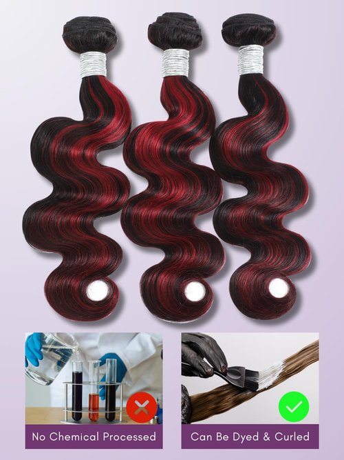 AUROO Burgundy Highlight Body Wave Single Bundles Human Hair, 12A 100% Virgin Ombre Red 99J Burgundy and Black Colored Human Hair Bundles Thick Track F1B/Burgundy Brazilian Quick Weaves Remy 14 inch