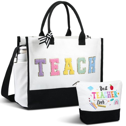 Abbylike Back to School Teacher Gift Canvas Chenille Letter Tote Bag Makeup Cosmetic Pouch Thank You Teacher Appreciation Women Gift