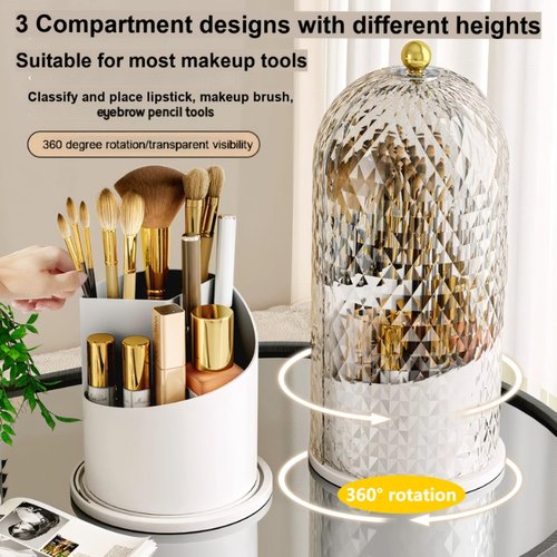 RONGZHIERK Makeup Brush Holder with Lid，Makeup Brush Storage Box with Diamond Pattern，360 Rotating Waterproof and Dustproof Beauty Brushes Storage for Vanity Bathroom,White