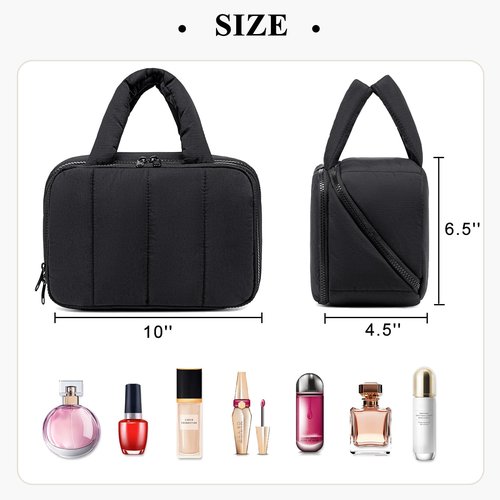 CAMTOP Travel Toiletry Bag for Women Travel Toiletry Organizer Lightweight Large Wide-open Makeup Bag Large Capacity Qulited Cosmetic Bag Puffy for Essentials Organizer (Black)