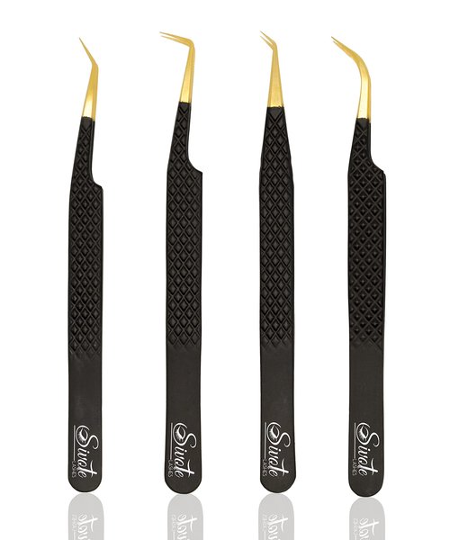 SIVOTE Fiber Tip Lash Tweezers for Eyelash Extensions with Diamond Grip, Black, Set of 4 - Precise Tips Japanese Steel for Classic, Volume & Mega Volume Lashes, Anti-Rust - Ideal for Lash Artists