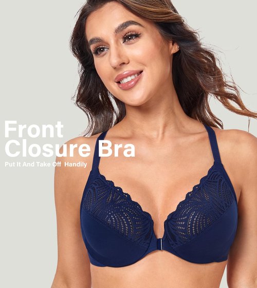 HACI Women's Front Closure Bra Underwire Unpadded T-Back Plus Size Lacy Full Coverage Racerback T-Shirt Unlined(Blue,34DD)