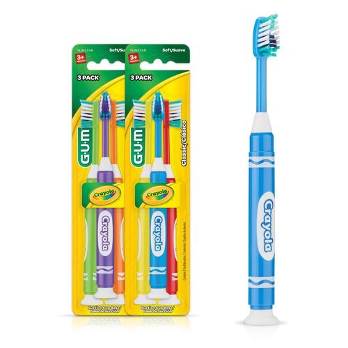 GUM Crayola Marker Children’s Toothbrush, Soft Bristled Kids’ Toothbrush Set Age 3+, Suction Cup Base, 3 Count (Pack of 2)
