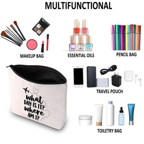 G2TUP Flight Attendant Gift What Day Is It Where Am I Makeup Bag Stewardess Aviation Cosmetic Bag Travel Bag for Stewardess Flight Crew (What Day Is It Where Am I White Bag)