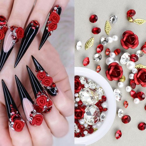 3D Red Rose Flower Nail Art Charms Valentines Nail Charms Romantic Flowers Nails Design Decorations Mixed Shiny Pearl Crystal Gems Nail Rhinestones for Women DIY Valentine Nail Jewelry Accessories