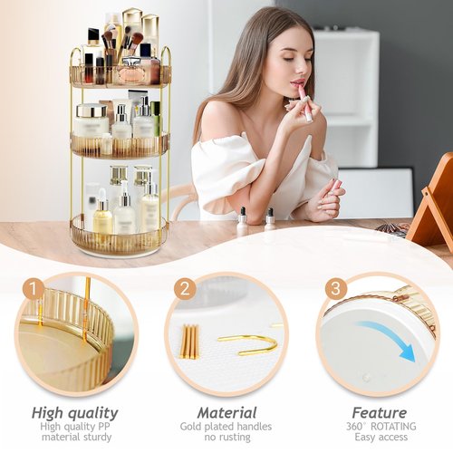 Fzebys 360 Rotating Makeup Organizer for Vanity,3 Tier Large Capacity Skincare Organizers,Bathroom Counter Organizer, transparent Spinning Perfume Organizer & Vanity Organizer (Gold-3 Tier)