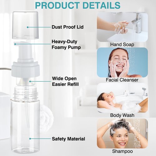 Boenoea Plastic Foam Pump Bottle, 4oz/120ml Foam Bottles Dispenser BPA Free Empty Refillable Container for Hand Soap, Shampoo - Pack of 2 Clear