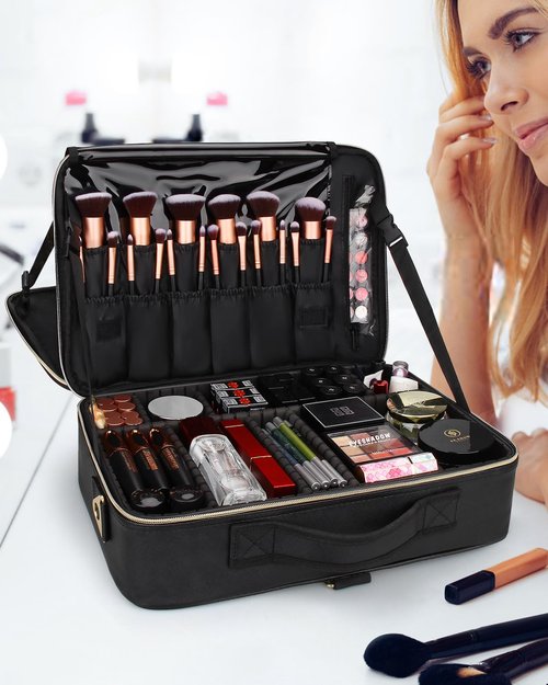 MONSTINA Large Makeup Travel Case Bag,Professional Makeup Artist Train Case with Brush organizer,Large Capacity Cosmetic Bag with Zipper Pocket and Adjustable Compartment（PU Leather Black）