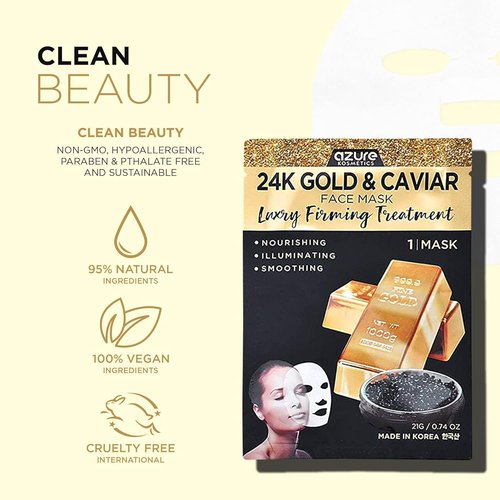 Azure Cosmetics 24K Gold, Caviar, Vitamin C, Hyaluronic Acid, Retinol & Collagen Anti-Aging Face Mask - Ultimate Variety Pack of 20 - Dermatologist Tested - Hydrating & Firming - Korean Skin Care