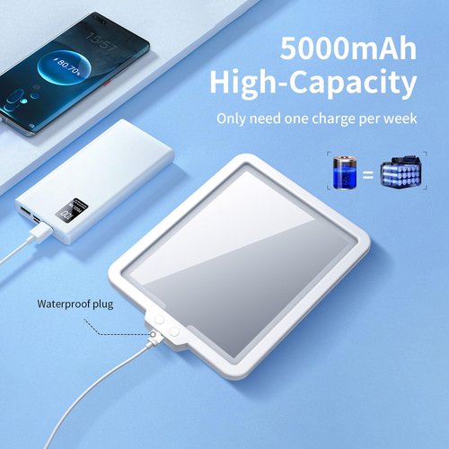 Junyaoxuan Heated Anti-Fog Shower Mirror, LED Shaving Mirror Fogless with 3 Color Modes, 9.5x8 Inch Dimmable, Hanging Rechargeable, Wall Mountable, Modern Frameless Rectangular Shower Mirror